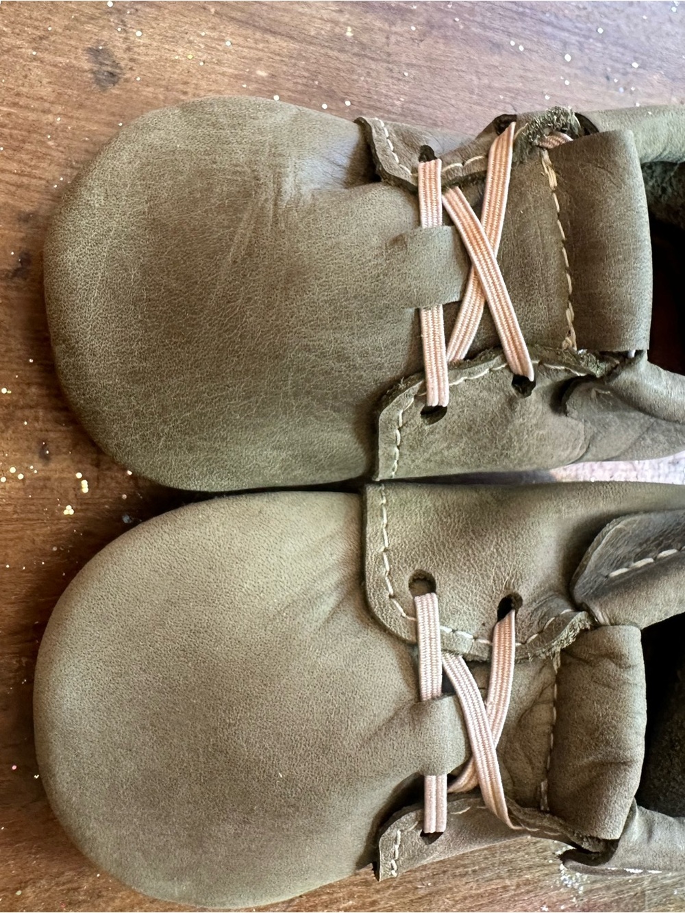 Freshly Picked Olive Green Leather Baby Moccasins with Tan Laces
